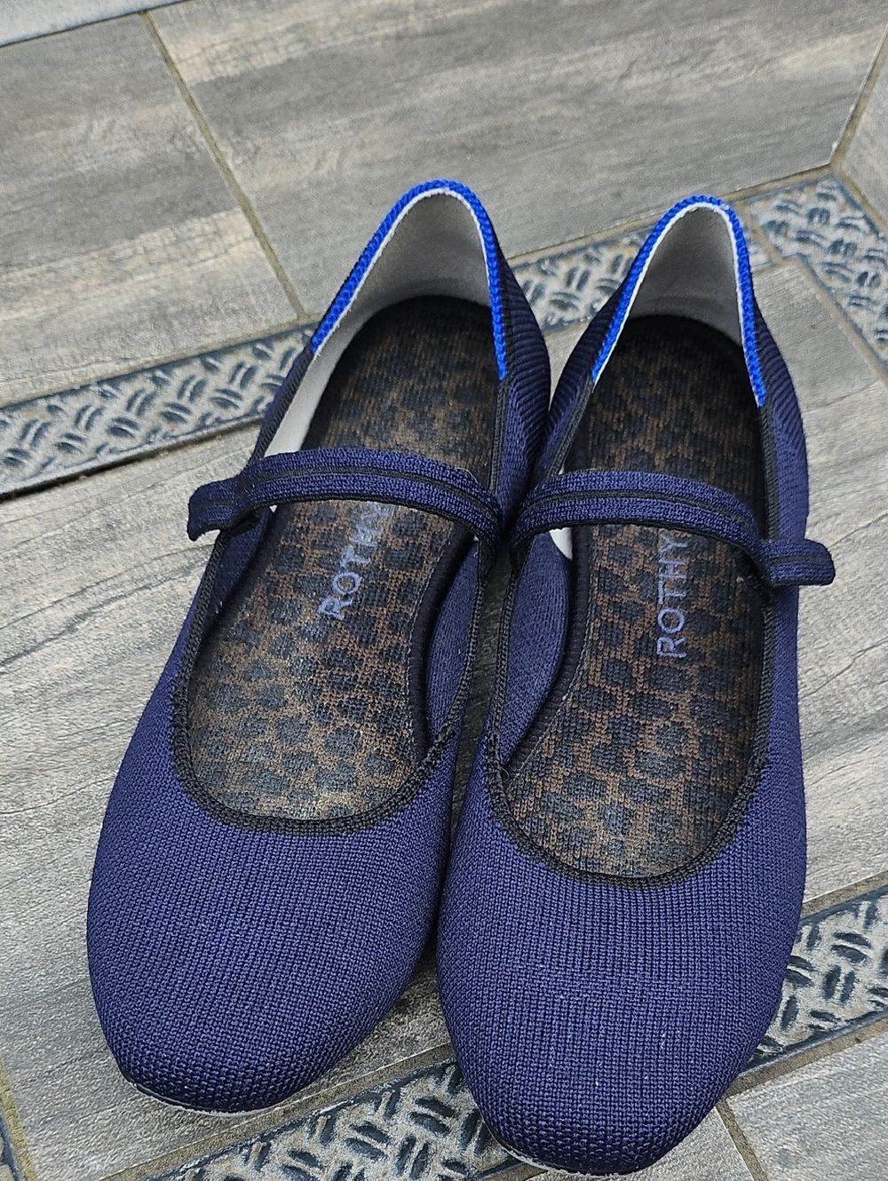 Rothys Square Toe Mary Jane Flats Womens 7 Navy blue Knit Comfort Classic